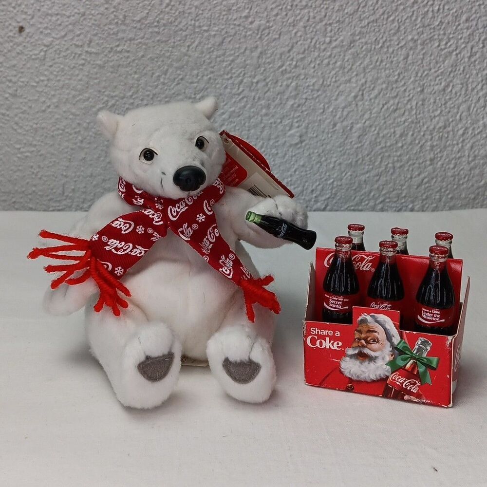6-Pack Coca Cola Christmas Tree Ornament Polar Bear Red Scarf Drinking Logo
